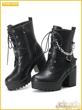 Gothic Platform Ankle Boots Block Heel Combat Booties Lace-Up